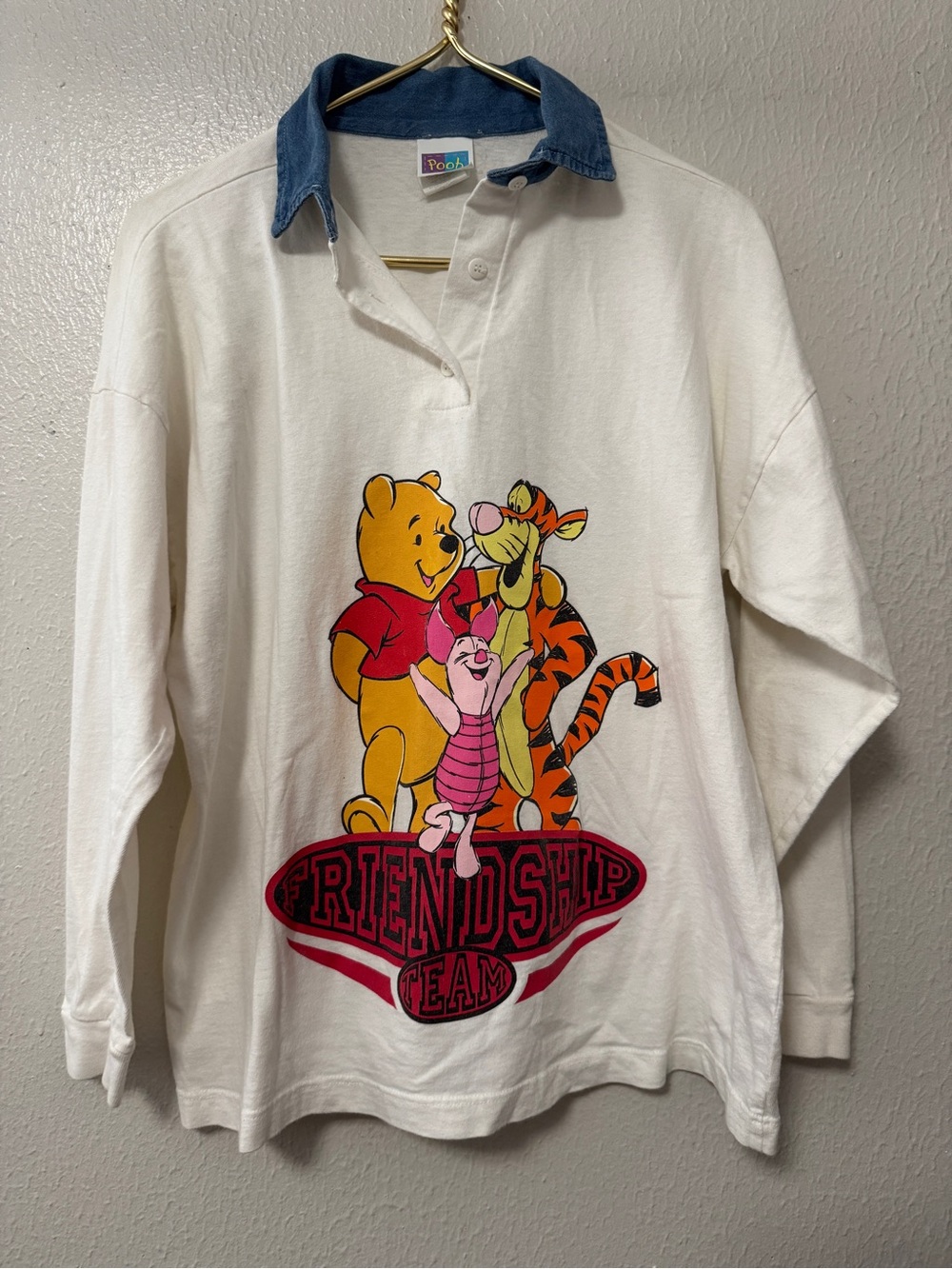 Vintage Disney Shirt Womens Small White Polo Winnie The Pooh Long Sleeve 90s